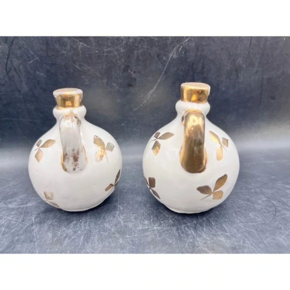 Vintage Ball‎ Jug Salt & Pepper Shakers- White w / Gold Handles and Tops Decor